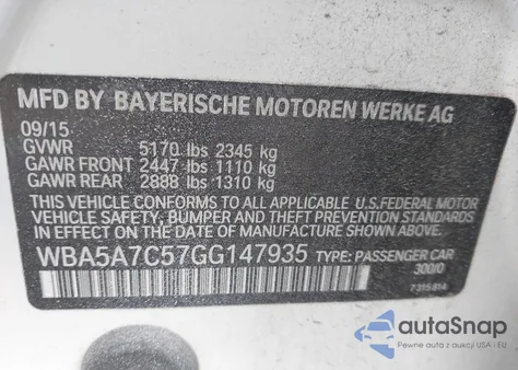 2016 BMW 528I xDrive z USA, uszkodzony, nr VIN WBA5A7C57GG147935